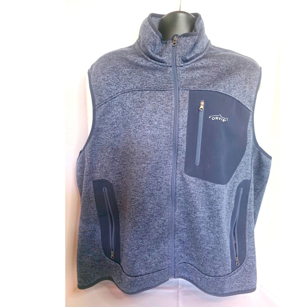 Orvis XL Full Zip Fleece Lined Heathered Knit Vest Blue Orange Mock Neck Pockets